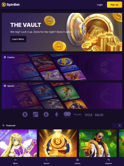 Página de Inicio de Spinbet Casino con Bóveda