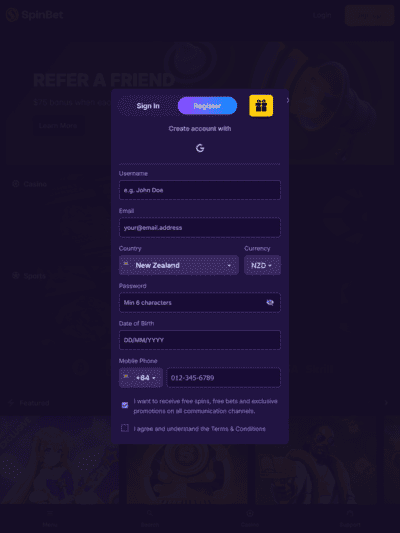 Spinbet Casino Registration Form